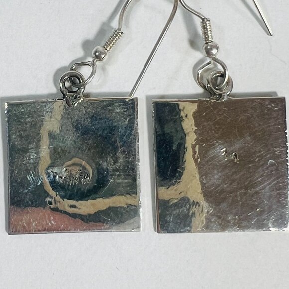 925 Stamped Mexico Aztec Calendar .5" Square .8" Drop Pierced Earrings - Picture 3 of 5